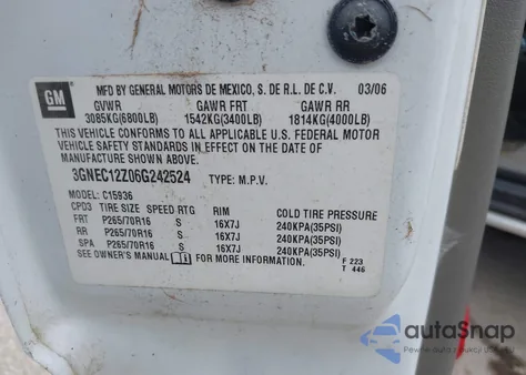 2006 Chevrolet Avalanche 1500 Ls z USA, uszkodzony, nr VIN 3GNEC12Z06G242524